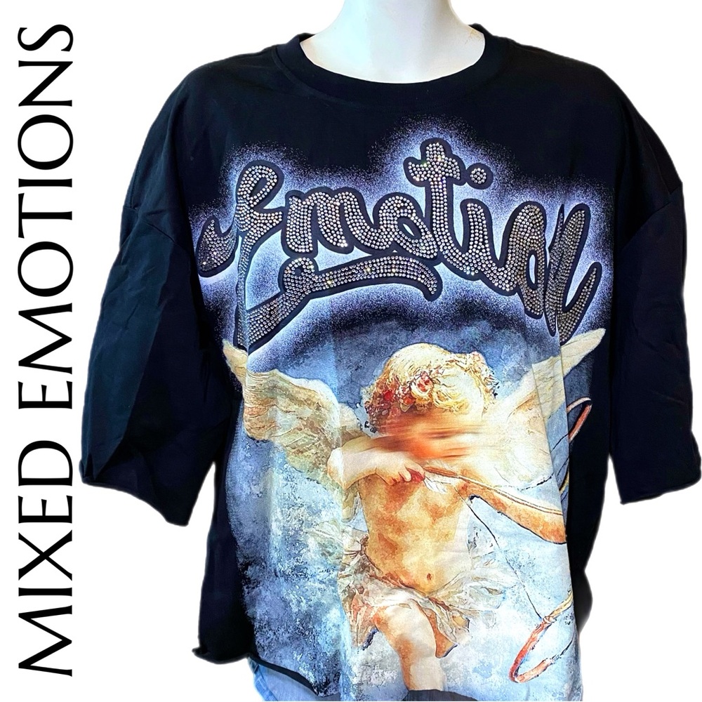Street Graphic Men’s Oversized Mixed Emotions Black Cropped Cupid T-Shirt 2XL